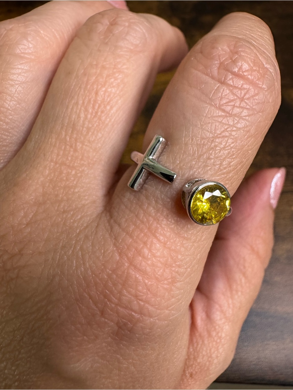 Silver Tone Open Cross Ring with Yellow Stone